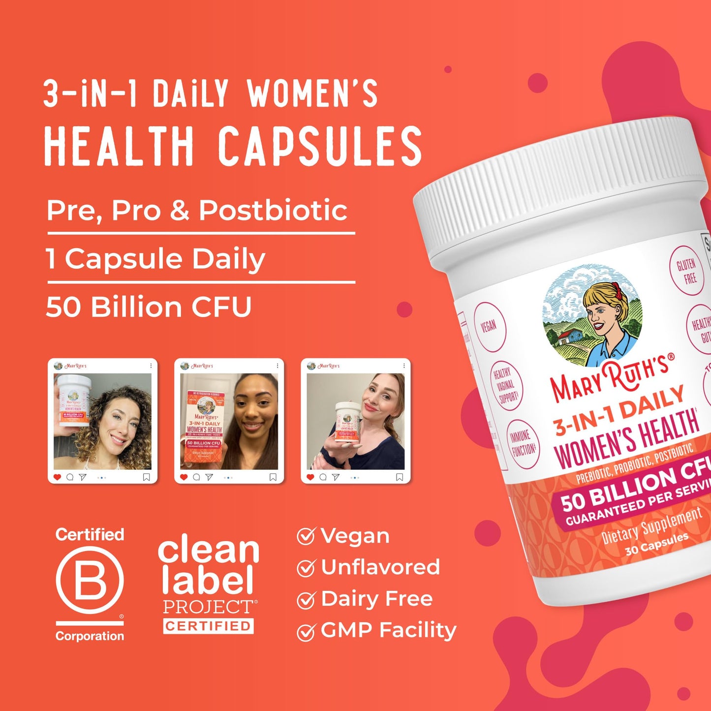 MARYRUTH'S 3-in-1 Daily Health Probiotics for Women | Hormone Support & Gut Health Supplement for Women | Women’s Probiotic - dailyvitalstore