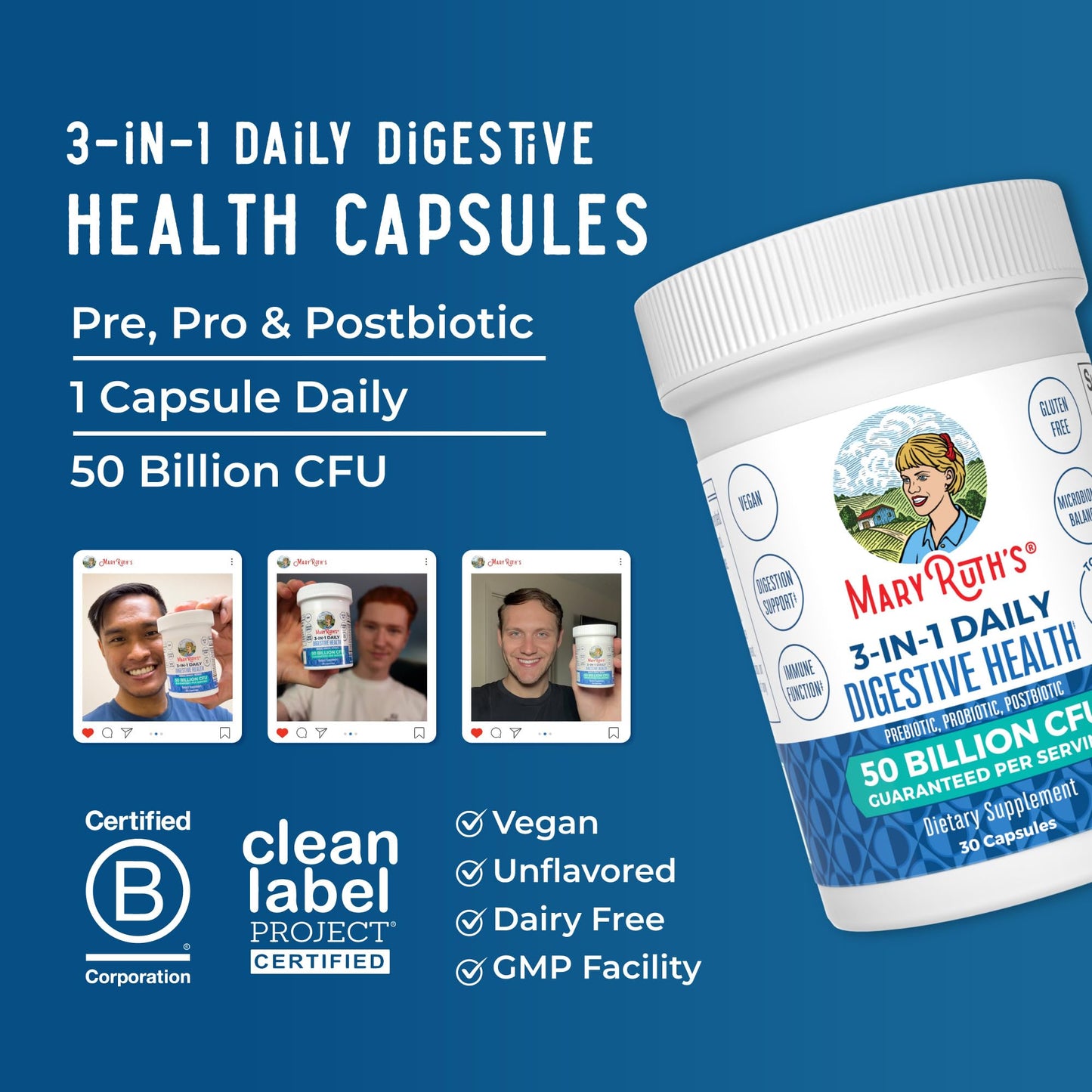 MARYRUTH'S 3-in-1 Probiotics for Digestive Health | Prebiotic & Postbiotic | Gut Health Supplement for Women & Men | 23 Unique Strains - dailyvitalstore