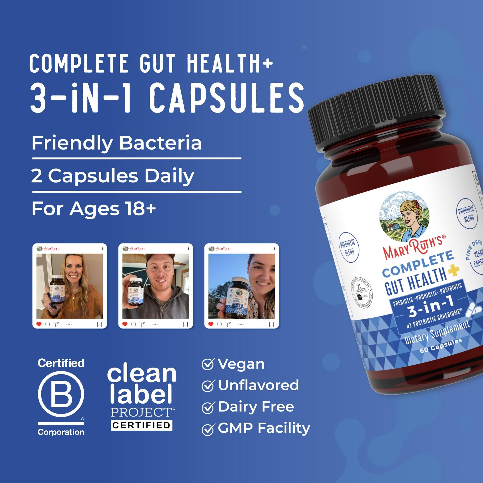 MARYRUTH'S Complete Gut Health+ Capsules | 5 Probiotic Blend | Butyrate | Corebiome® | Vegan Gut Support | Support Gastrointestinal Health & Microbiome - dailyvitalstore