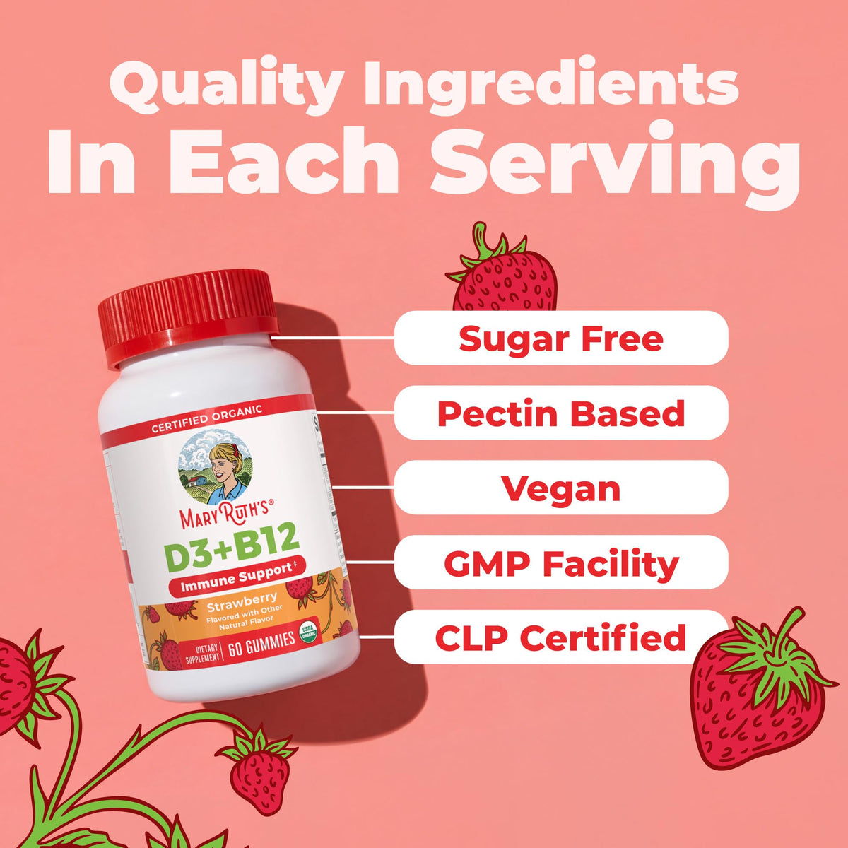 MARYRUTH'S Organic Vitamin D3 + B12 Gummies for Ages 4+ | Bone Health | Immune Support | Energy Metabolism | Cognitive Function | Vegan | Non-GMO - dailyvitalstore