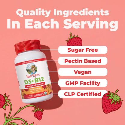 MARYRUTH'S Organic Vitamin D3 + B12 Gummies for Ages 4+ | Bone Health | Immune Support | Energy Metabolism | Cognitive Function | Vegan | Non-GMO - dailyvitalstore