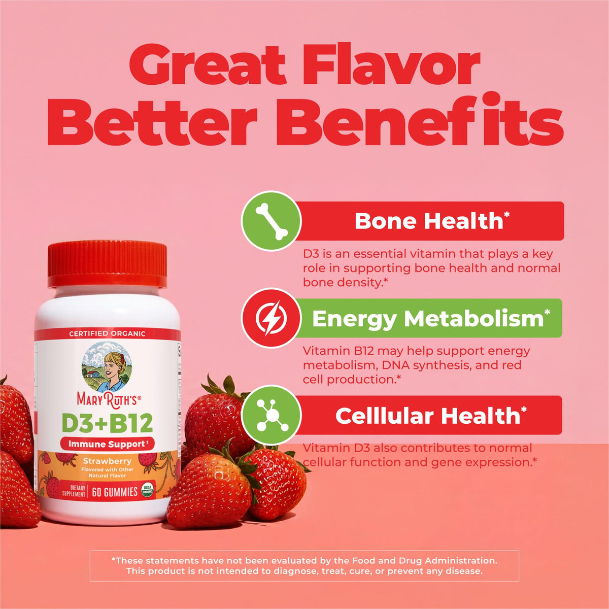 MARYRUTH'S Organic Vitamin D3 + B12 Gummies for Ages 4+ | Bone Health | Immune Support | Energy Metabolism | Cognitive Function | Vegan | Non-GMO - dailyvitalstore