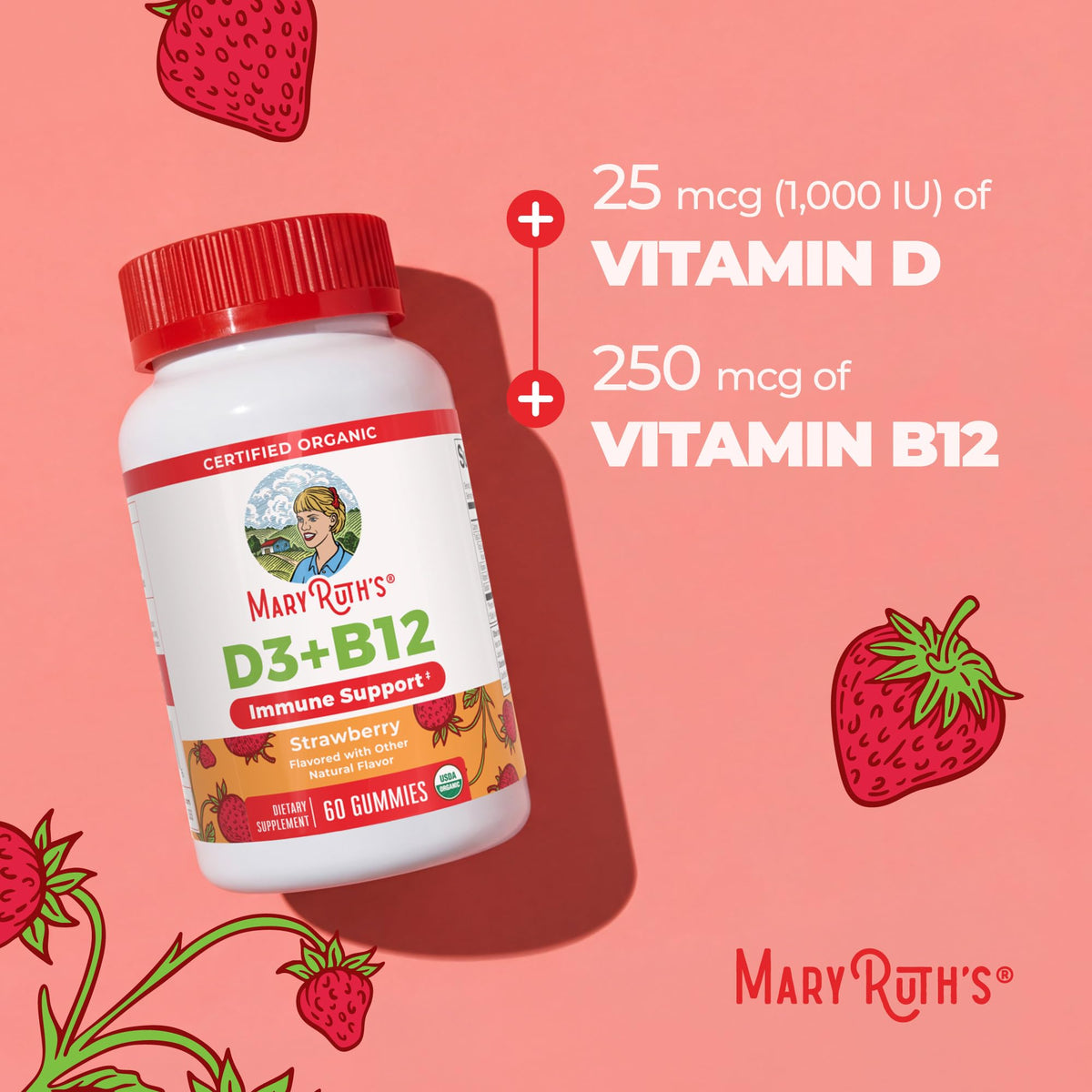 MARYRUTH'S Organic Vitamin D3 + B12 Gummies for Ages 4+ | Bone Health | Immune Support | Energy Metabolism | Cognitive Function | Vegan | Non-GMO - dailyvitalstore