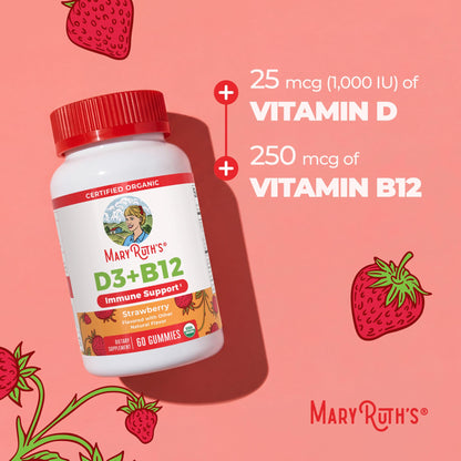 MARYRUTH'S Organic Vitamin D3 + B12 Gummies for Ages 4+ | Bone Health | Immune Support | Energy Metabolism | Cognitive Function | Vegan | Non-GMO - dailyvitalstore