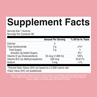 MARYRUTH'S Organic Vitamin D3 + B12 Gummies for Ages 4+ | Bone Health | Immune Support | Energy Metabolism | Cognitive Function | Vegan | Non-GMO - dailyvitalstore