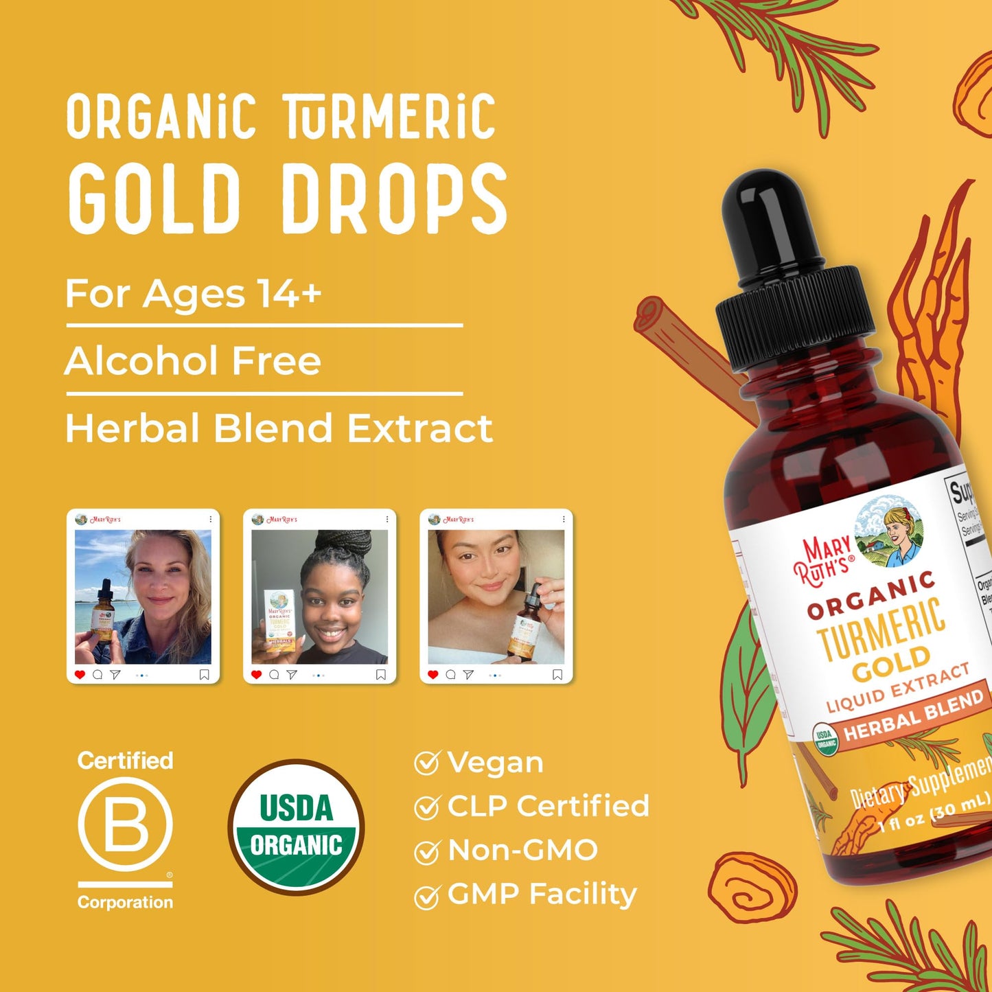 MARYRUTH'S Organics USDA Turmeric Gold Liquid Drops | Herbal Blend | Turmeric Curcumin | Black Pepper | Cassia Cinnamon Bark | Ginger Root | Immune Support - dailyvitalstore