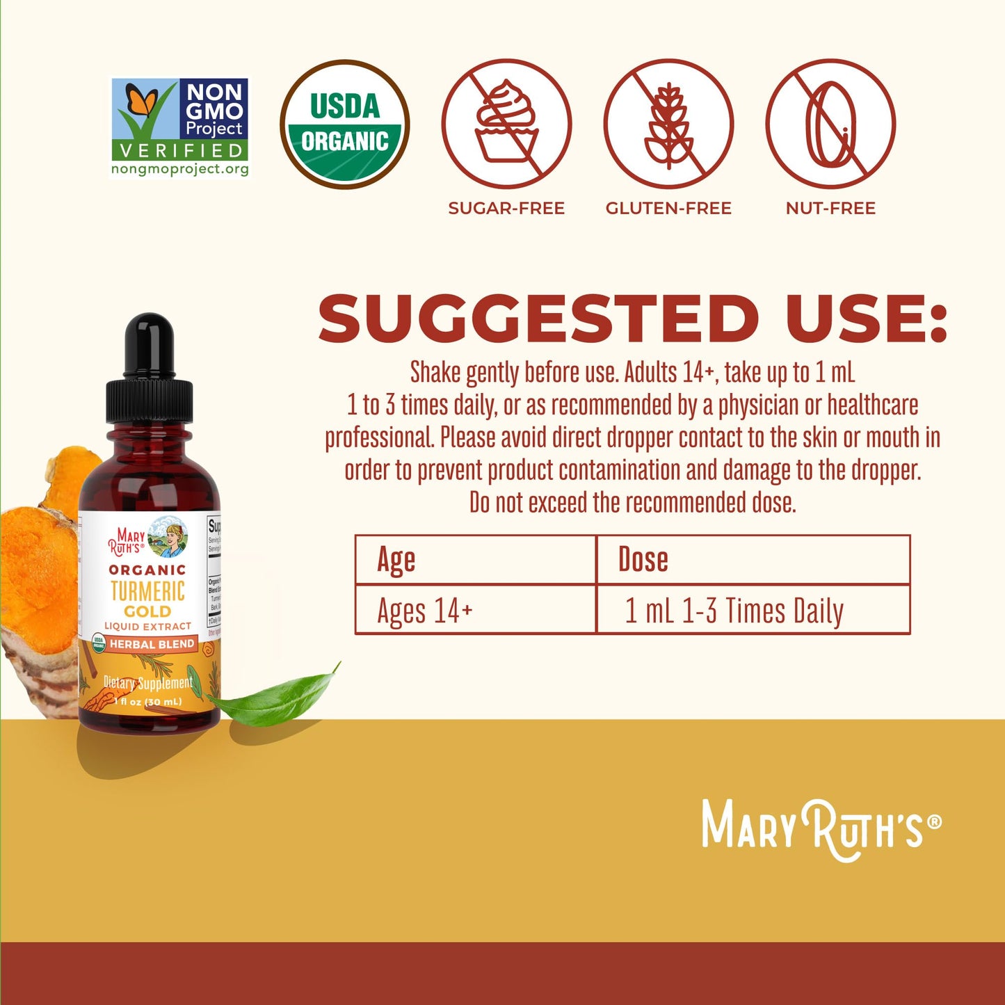 MARYRUTH'S Organics USDA Turmeric Gold Liquid Drops | Herbal Blend | Turmeric Curcumin | Black Pepper | Cassia Cinnamon Bark | Ginger Root | Immune Support - dailyvitalstore