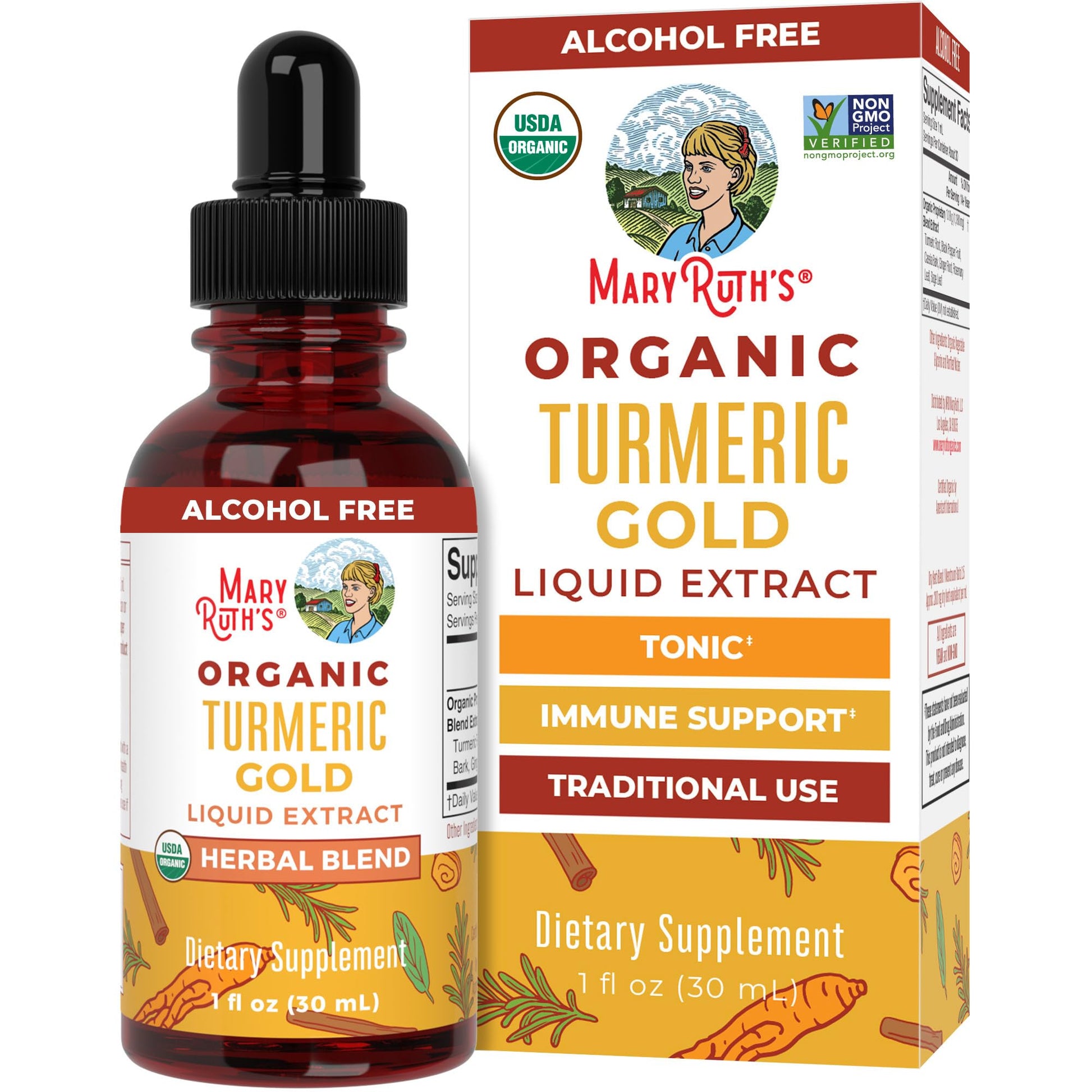 MARYRUTH'S Organics USDA Turmeric Gold Liquid Drops | Herbal Blend | Turmeric Curcumin | Black Pepper | Cassia Cinnamon Bark | Ginger Root | Immune Support - dailyvitalstore