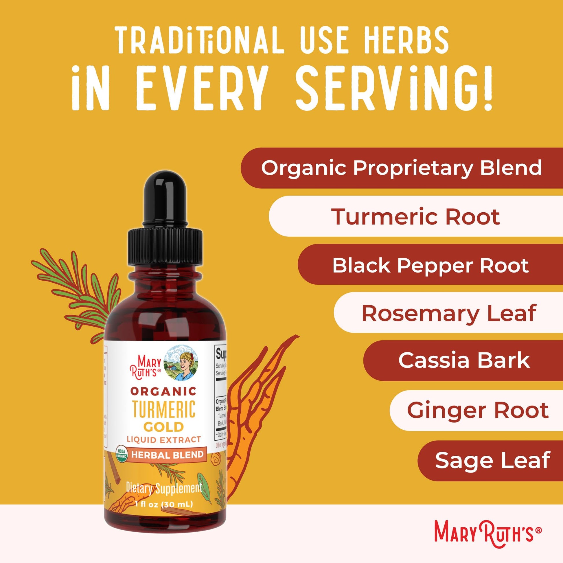 MARYRUTH'S Organics USDA Turmeric Gold Liquid Drops | Herbal Blend | Turmeric Curcumin | Black Pepper | Cassia Cinnamon Bark | Ginger Root | Immune Support - dailyvitalstore