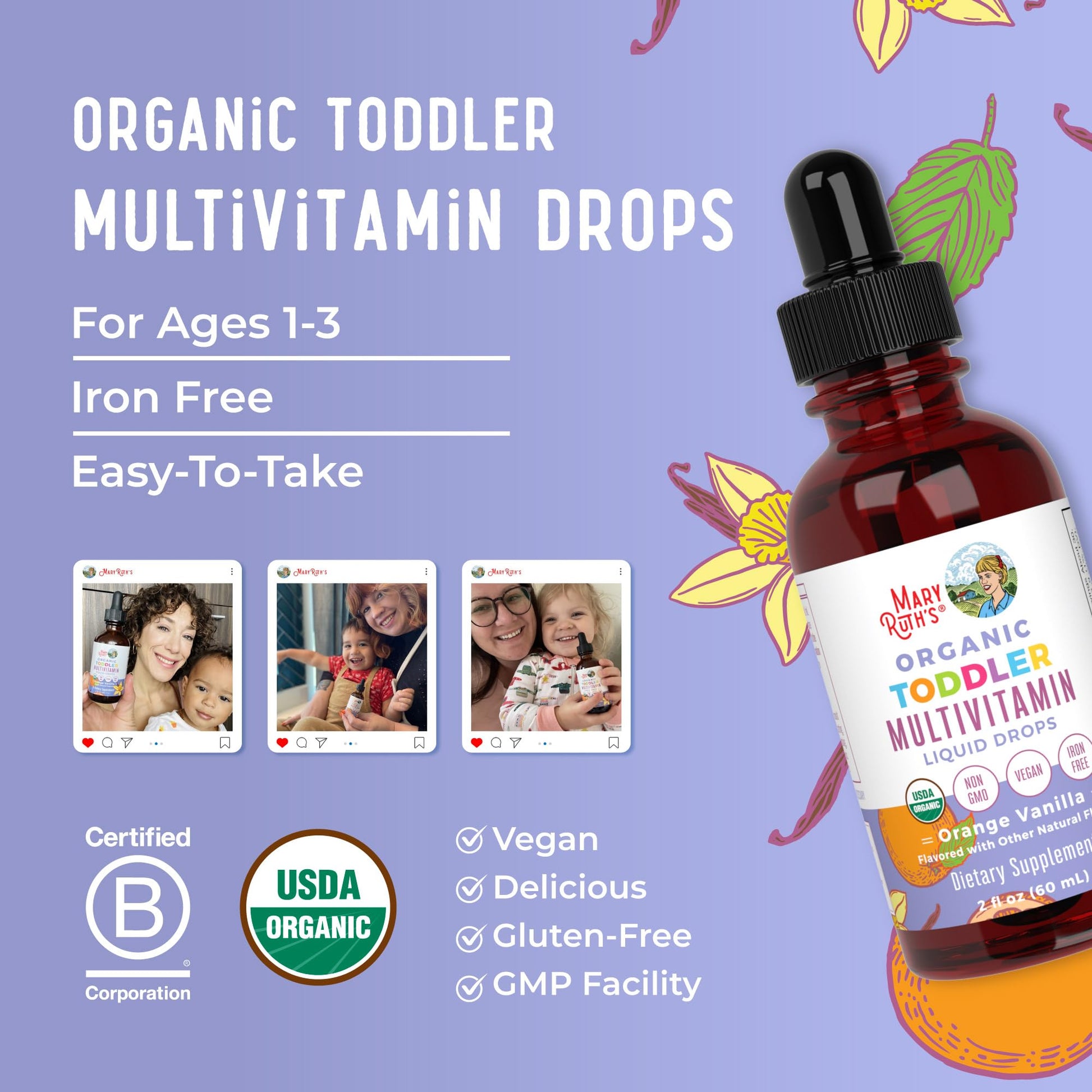 MaryRuth's Toddler Multivitamin | Vitamin A C D E B6 B12 Zinc | Healthy Growth Support | Immunity | Bone Health | Cognitive Function | Organic | Sugar Free | Vegan | Non-GMO | 2 Fl Oz | 30 Day Supply - dailyvitalstore