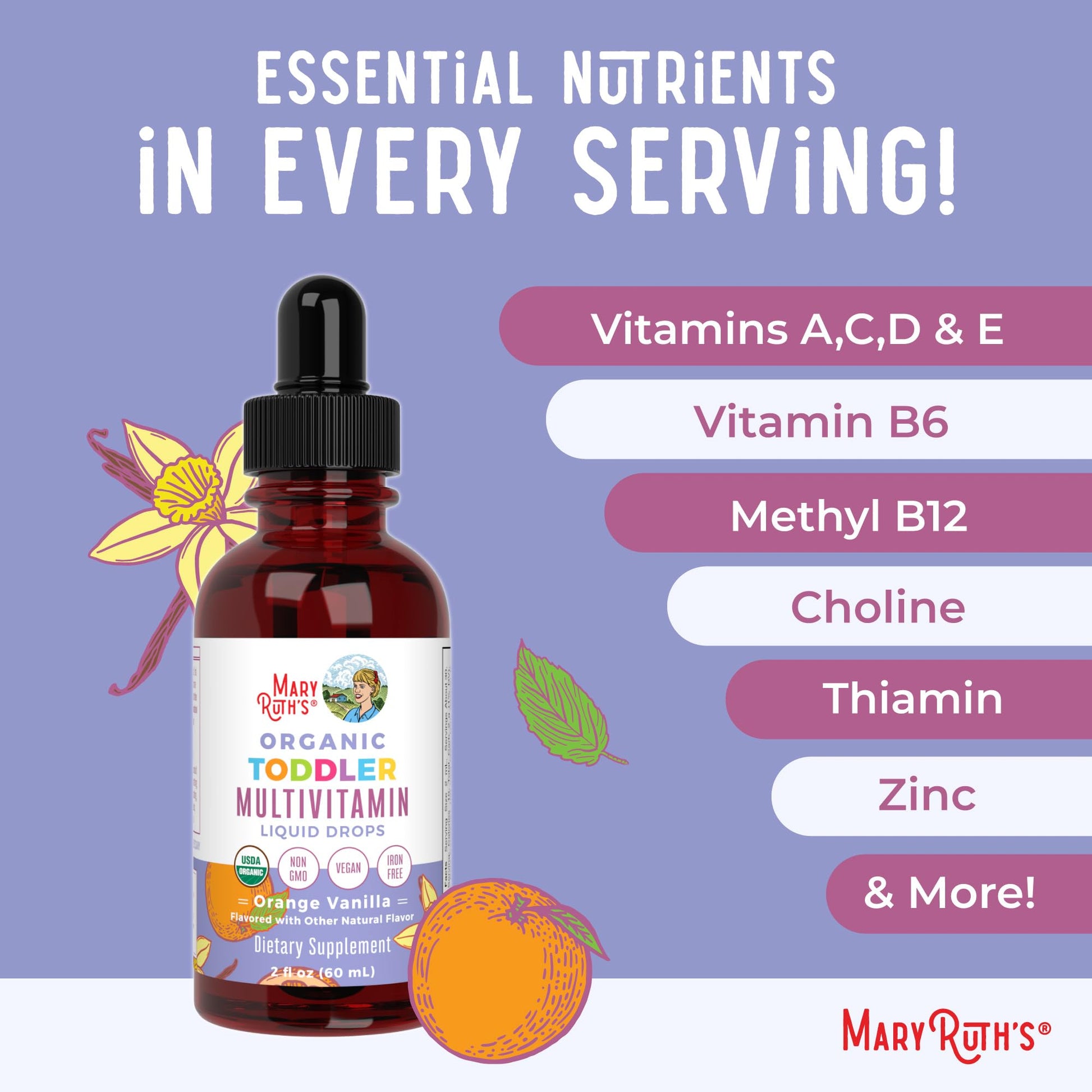MaryRuth's Toddler Multivitamin | Vitamin A C D E B6 B12 Zinc | Healthy Growth Support | Immunity | Bone Health | Cognitive Function | Organic | Sugar Free | Vegan | Non-GMO | 2 Fl Oz | 30 Day Supply - dailyvitalstore