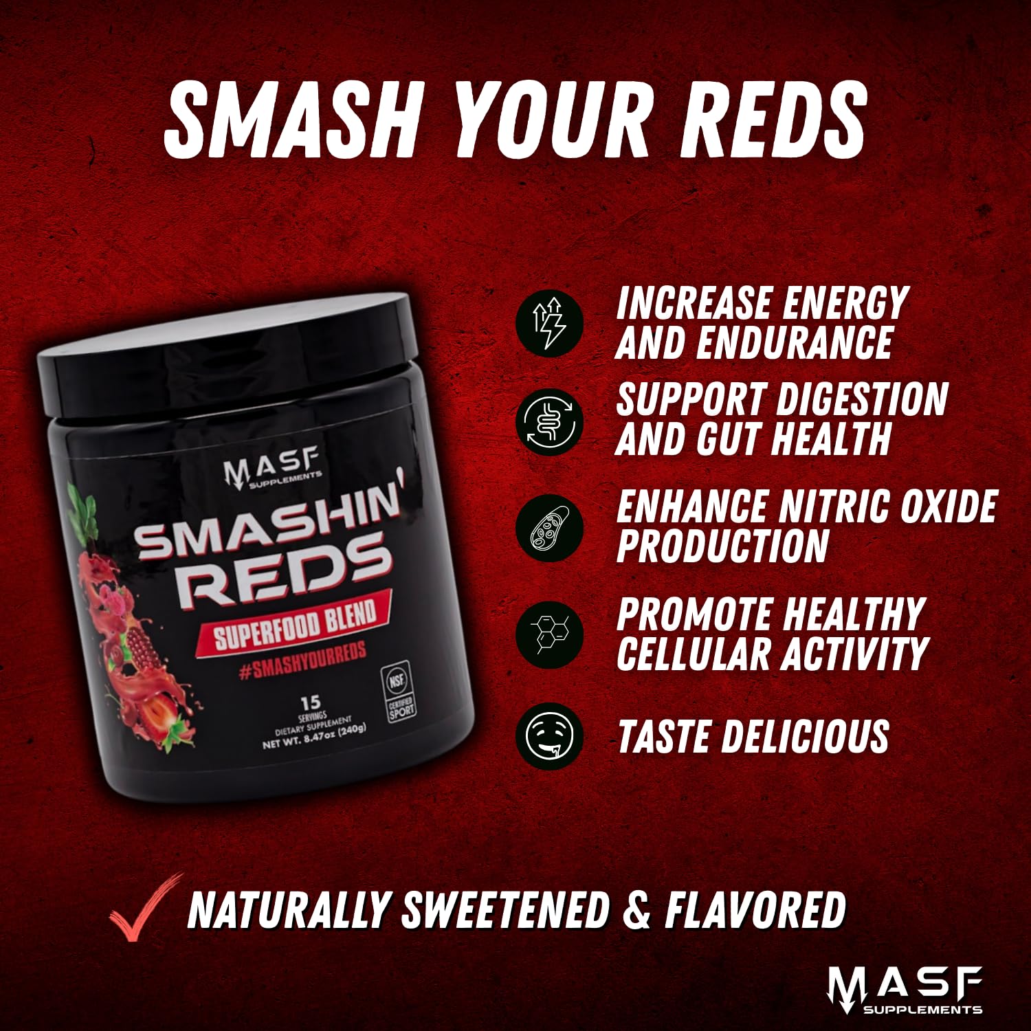 MASF Smashin' Reds Organic Superfood Supplements - 15 Servings - NSF Sport, Super Reds for Digestive Health, Energy, Endurance, Beet Root, Maca, Turmeric, Ginger, Acai, Nitric Oxide Production - dailyvitalstore