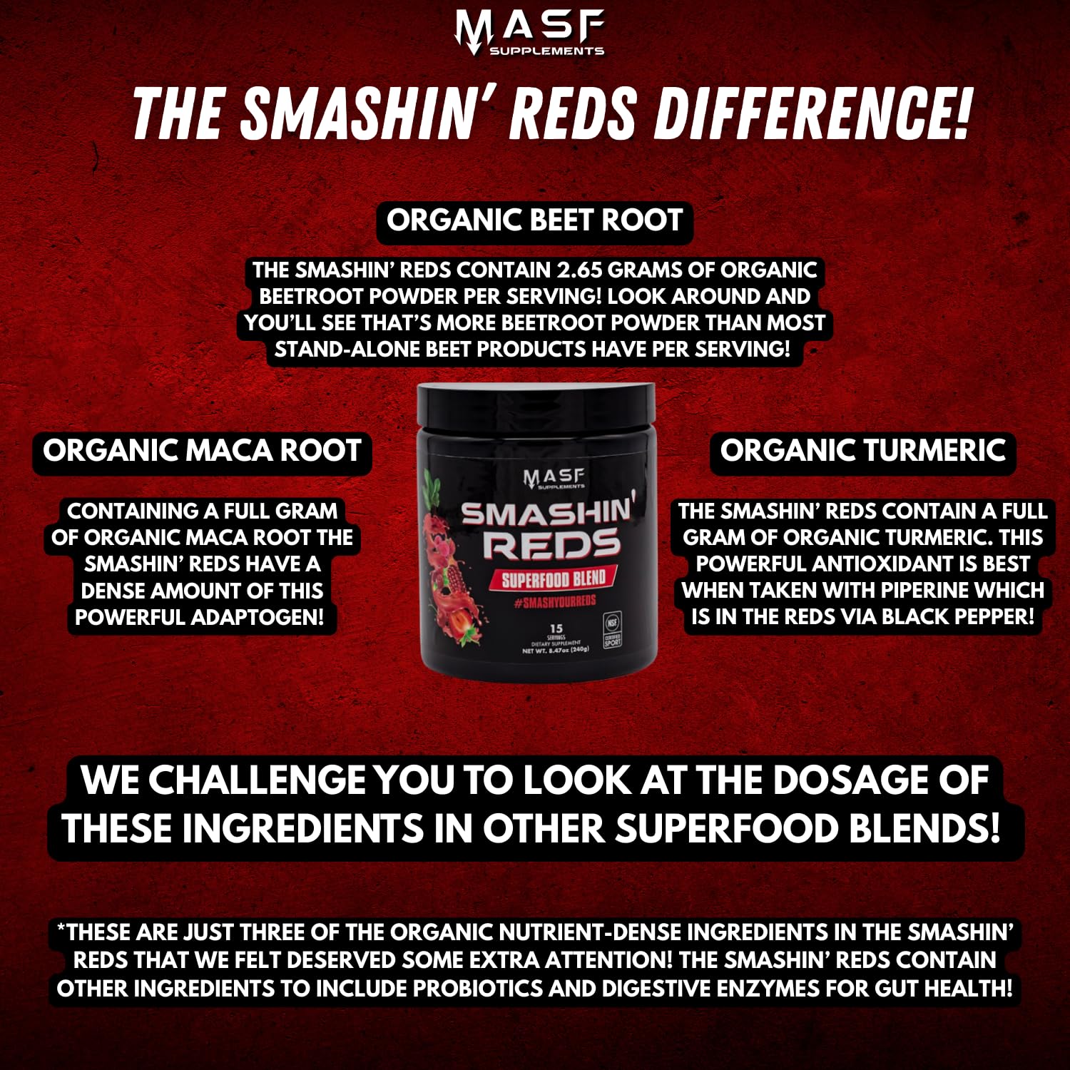 MASF Smashin' Reds Organic Superfood Supplements - 15 Servings - NSF Sport, Super Reds for Digestive Health, Energy, Endurance, Beet Root, Maca, Turmeric, Ginger, Acai, Nitric Oxide Production - dailyvitalstore