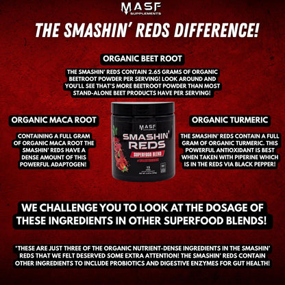 MASF Smashin' Reds Organic Superfood Supplements - 15 Servings - NSF Sport, Super Reds for Digestive Health, Energy, Endurance, Beet Root, Maca, Turmeric, Ginger, Acai, Nitric Oxide Production - dailyvitalstore