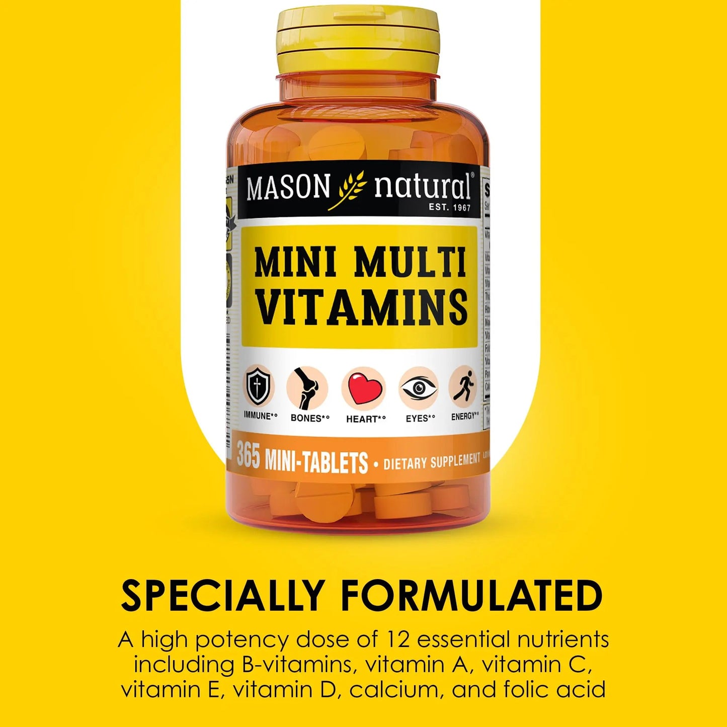 MASON NATURAL Mini Multi Vitamins, Vitamins A, C, D3, E, B1, B2, B3, B6, B12, Folate and Calcium for Overall Health, 1 Year Supply - dailyvitalstore