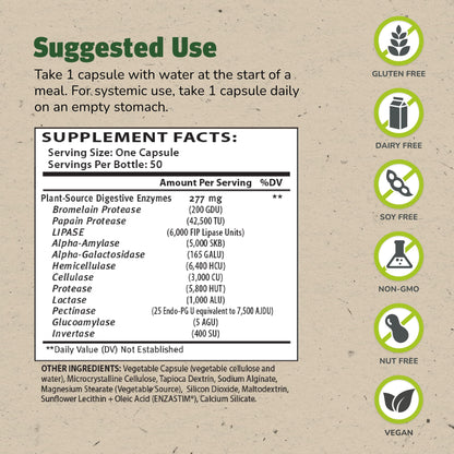 Master Supplements Enzalase - 50 Capsules - Probiotic Compatible Enzymes - Provides Digestive Boost + Gas & Bloating Relief - Gluten Free - 50 Servings - dailyvitalstore