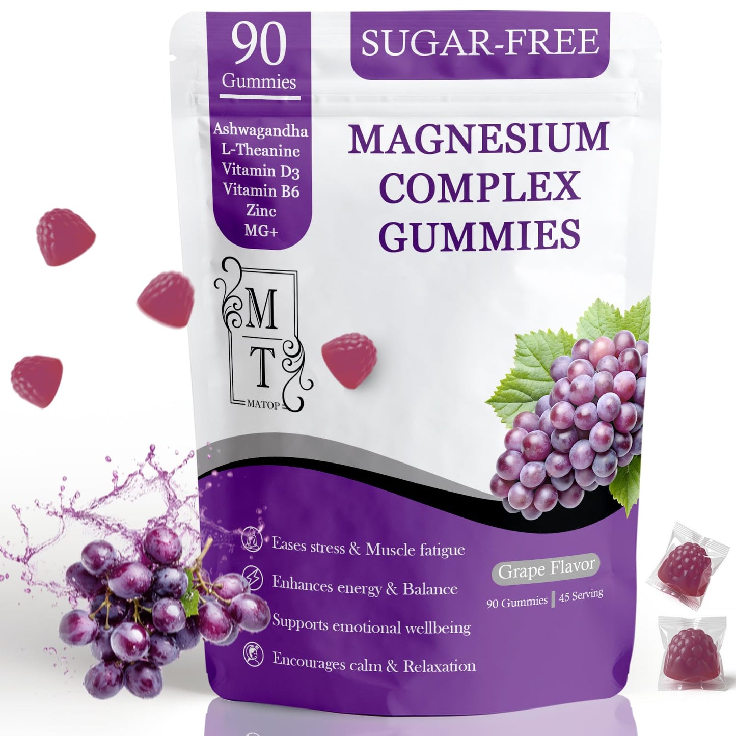 MATOP Magnesium Complex for Women Gummies - 8 in 1 Triple Magnesium Complex (Glycinate, Malate, Citrate) with L-Theanine, Ashwagandha, Vitamin D3, B6 & Zinc - Stress, Calm & Focus - 90 Vegan Gummies - dailyvitalstore