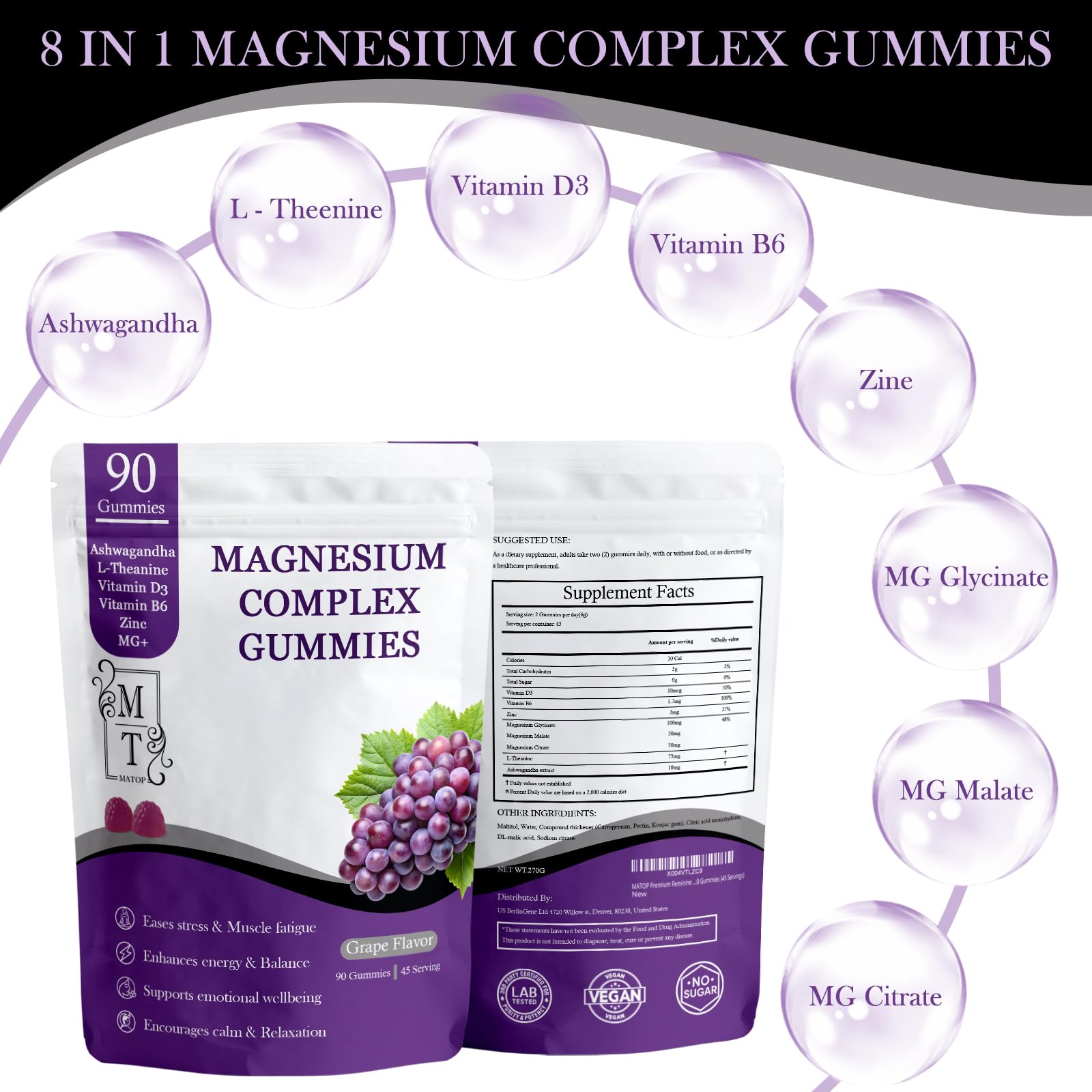 MATOP Magnesium Complex for Women Gummies - 8 in 1 Triple Magnesium Complex (Glycinate, Malate, Citrate) with L-Theanine, Ashwagandha, Vitamin D3, B6 & Zinc - Stress, Calm & Focus - 90 Vegan Gummies - dailyvitalstore