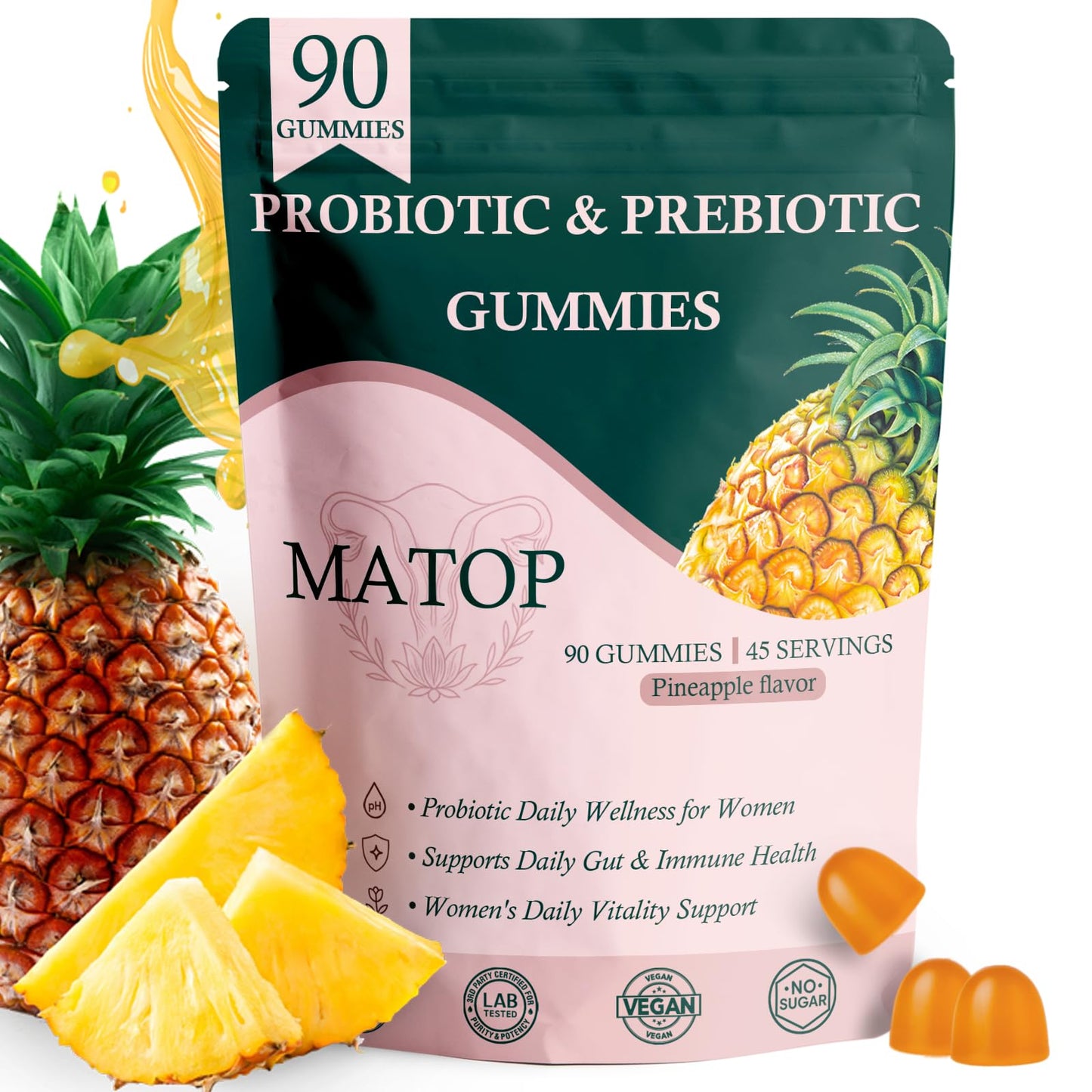 MATOP Probiotic Prebiotic pH Balance Gummies - Vaginal Health Gummies for Women Pro + Prebiotic with Pineapple Flavor, Vegan, Sugar-Free – 90 Gummies (45 Servings) - dailyvitalstore
