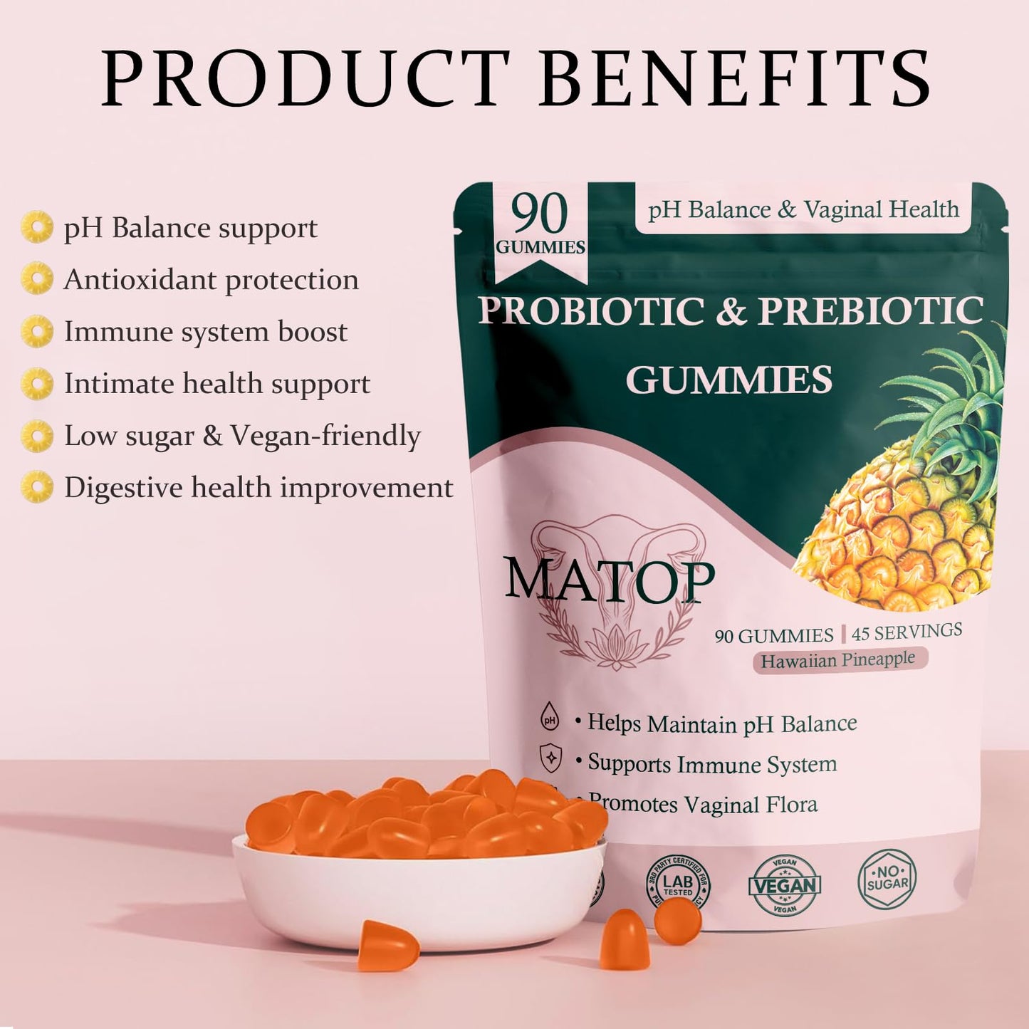 MATOP Probiotic Prebiotic pH Balance Gummies - Vaginal Health Gummies for Women Pro + Prebiotic with Pineapple Flavor, Vegan, Sugar-Free – 90 Gummies (45 Servings) - dailyvitalstore