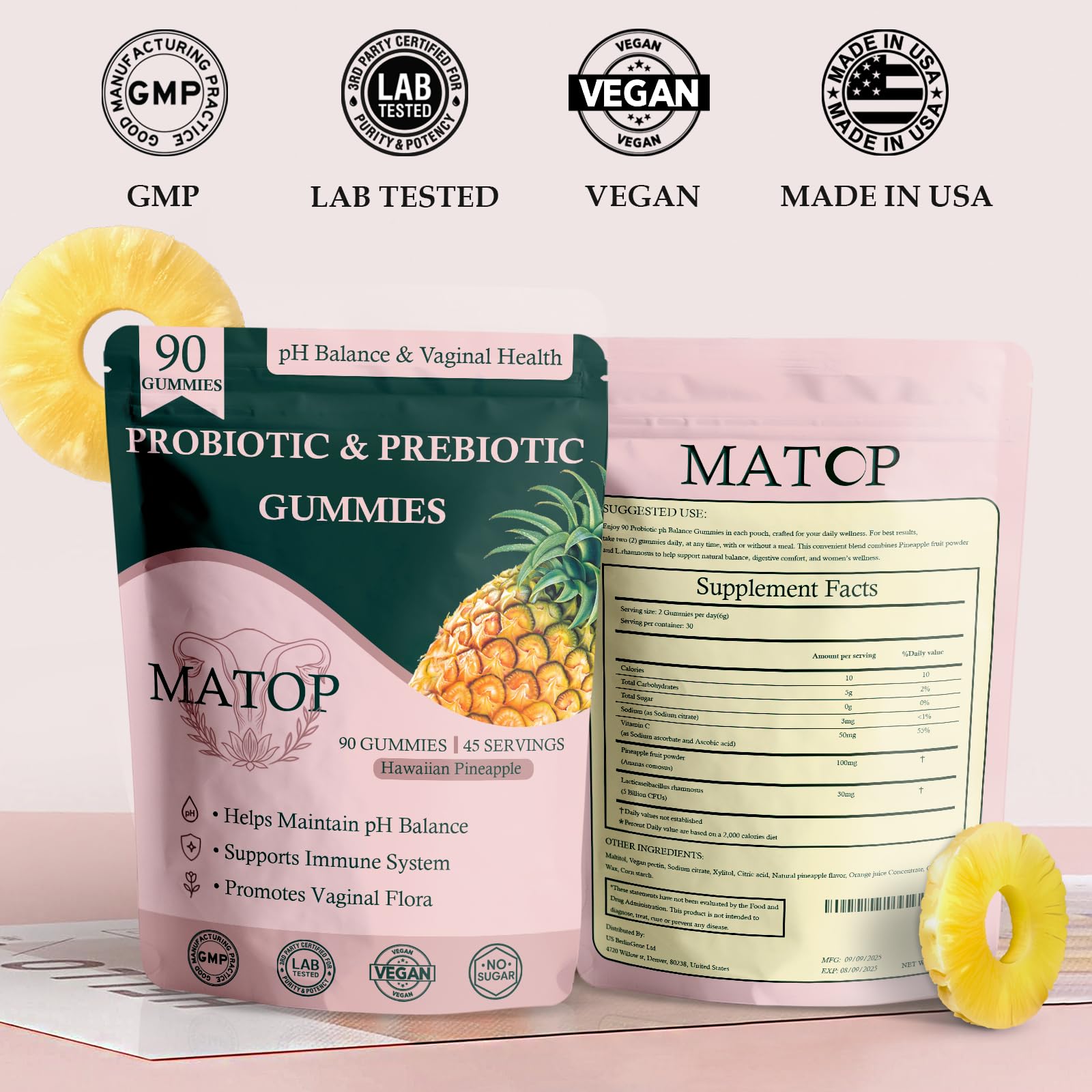 MATOP Probiotic Prebiotic pH Balance Gummies - Vaginal Health Gummies for Women Pro + Prebiotic with Pineapple Flavor, Vegan, Sugar-Free – 90 Gummies (45 Servings) - dailyvitalstore
