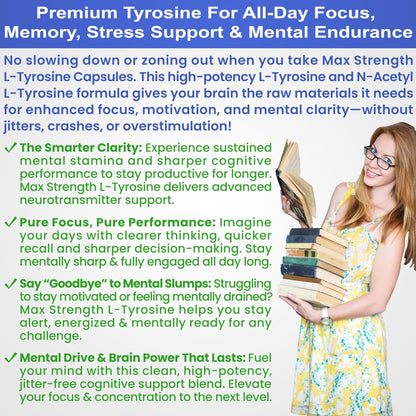 Max Strength L Tyrosine Supplement & N Acetyl L Tyrosine Peak Focus, Alertness, Concentration, Body & Mind Energy. L-Tyrosine 850mg Per 1 Capsule. A Well-Being Nutrient Boost For Performance - dailyvitalstore