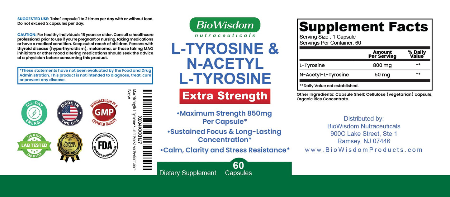 Max Strength L Tyrosine Supplement & N Acetyl L Tyrosine Peak Focus, Alertness, Concentration, Body & Mind Energy. L-Tyrosine 850mg Per 1 Capsule. A Well-Being Nutrient Boost For Performance - dailyvitalstore