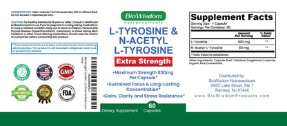Max Strength L Tyrosine Supplement & N Acetyl L Tyrosine Peak Focus, Alertness, Concentration, Body & Mind Energy. L-Tyrosine 850mg Per 1 Capsule. A Well-Being Nutrient Boost For Performance - dailyvitalstore