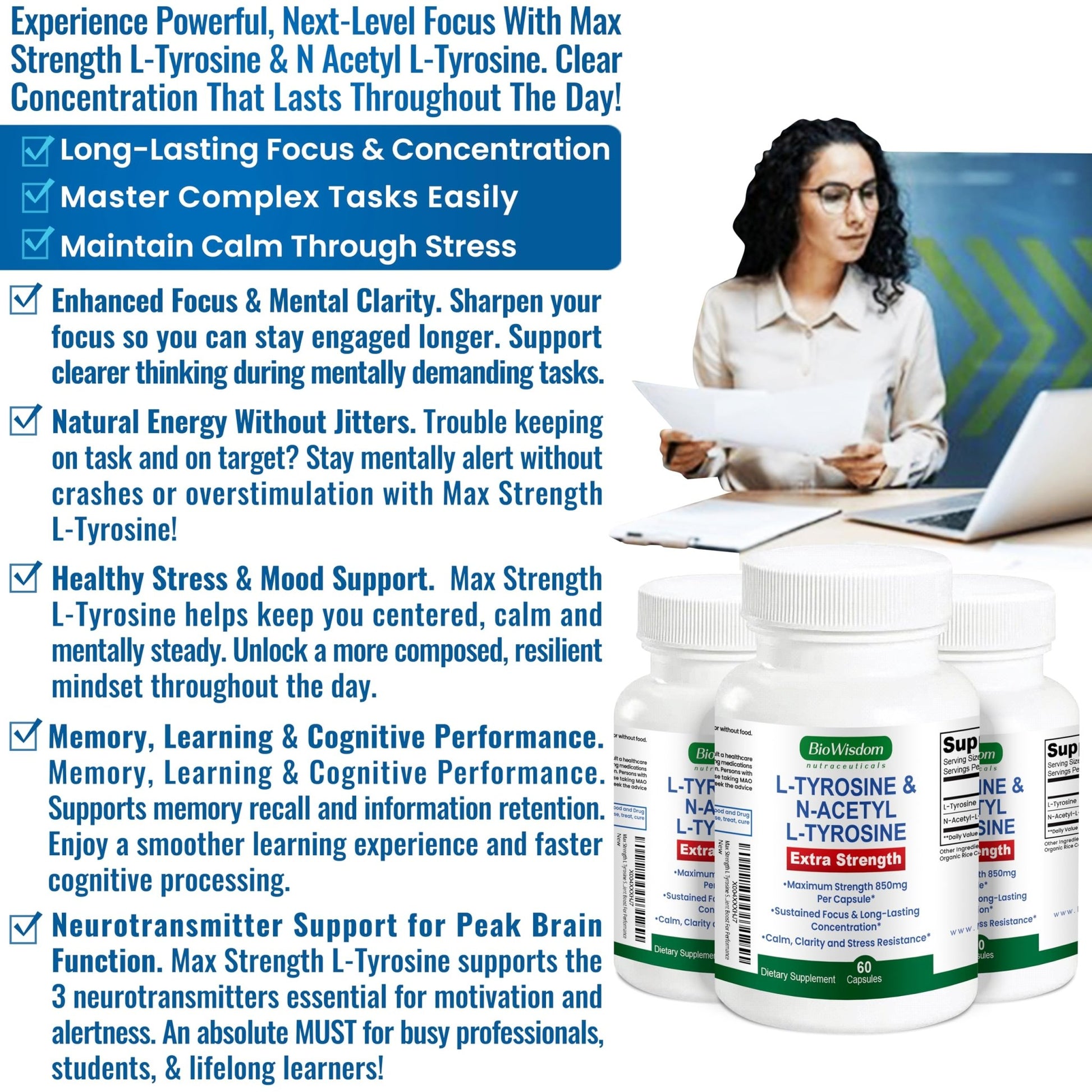 Max Strength L Tyrosine Supplement & N Acetyl L Tyrosine Peak Focus, Alertness, Concentration, Body & Mind Energy. L-Tyrosine 850mg Per 1 Capsule. A Well-Being Nutrient Boost For Performance - dailyvitalstore
