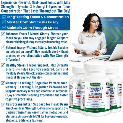 Max Strength L Tyrosine Supplement & N Acetyl L Tyrosine Peak Focus, Alertness, Concentration, Body & Mind Energy. L-Tyrosine 850mg Per 1 Capsule. A Well-Being Nutrient Boost For Performance - dailyvitalstore