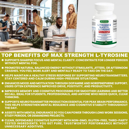Max Strength L Tyrosine Supplement & N Acetyl L Tyrosine Peak Focus, Alertness, Concentration, Body & Mind Energy. L-Tyrosine 850mg Per 1 Capsule. A Well-Being Nutrient Boost For Performance - dailyvitalstore
