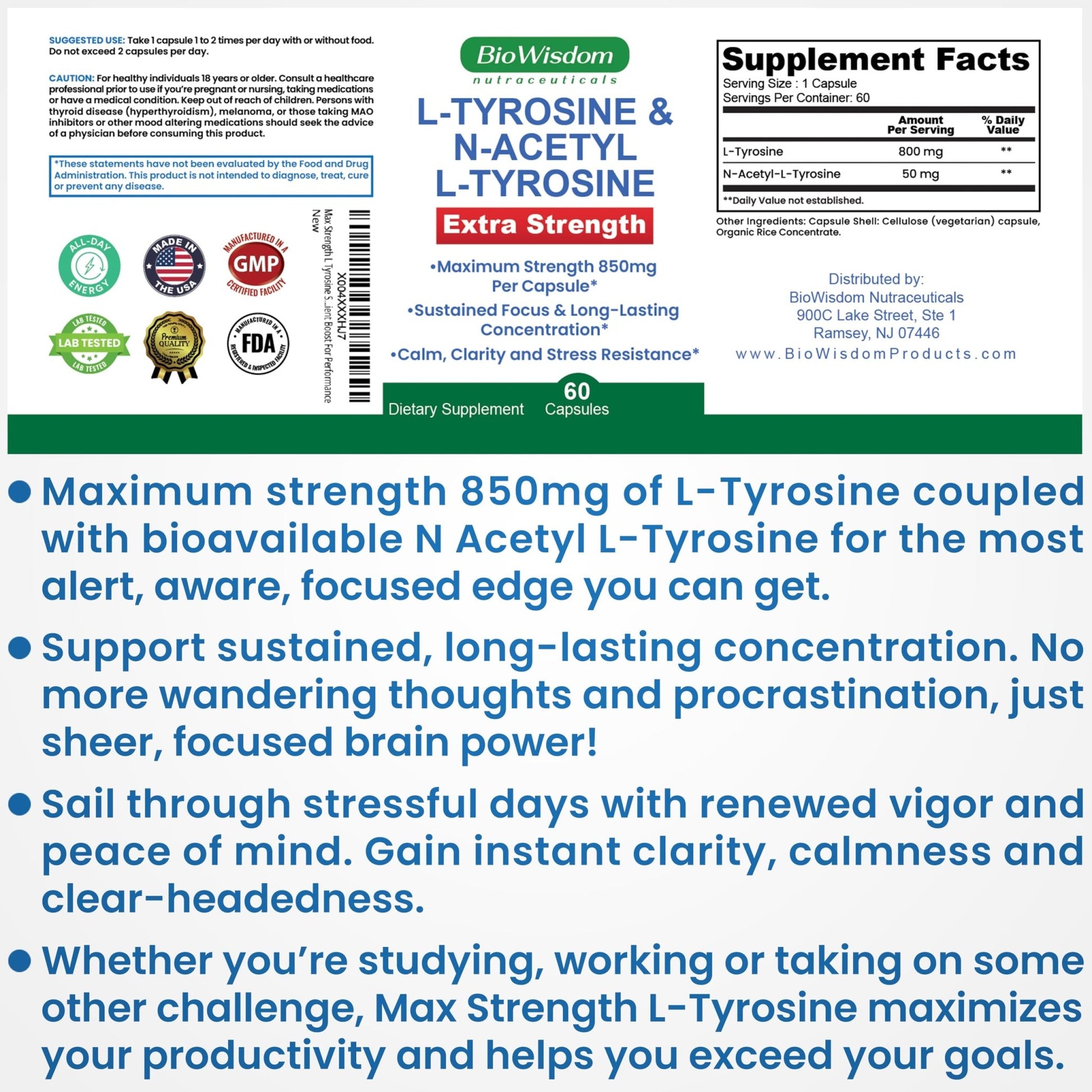 Max Strength L Tyrosine Supplement & N Acetyl L Tyrosine Peak Focus, Alertness, Concentration, Body & Mind Energy. L-Tyrosine 850mg Per 1 Capsule. A Well-Being Nutrient Boost For Performance - dailyvitalstore