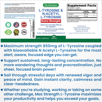 Max Strength L Tyrosine Supplement & N Acetyl L Tyrosine Peak Focus, Alertness, Concentration, Body & Mind Energy. L-Tyrosine 850mg Per 1 Capsule. A Well-Being Nutrient Boost For Performance - dailyvitalstore