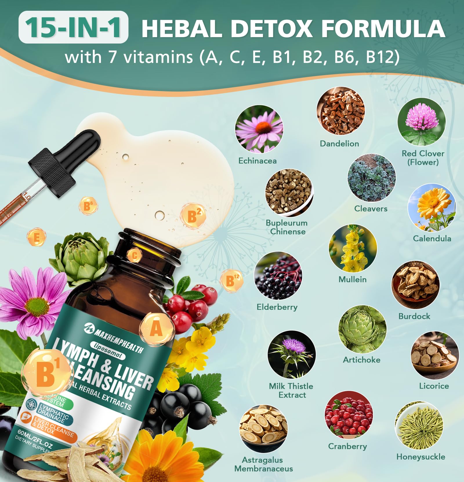 MaxHemp Liposomal Lymphatic Drainage Drops: 23 in 1 Lymphatic Drainage Supplements, Rich in Echinacea, Artichoke,Burdock Root,Elderberry for Lymphatic, Lungs, Liver Cleanse Detox & Repair, 2 fl oz - dailyvitalstore