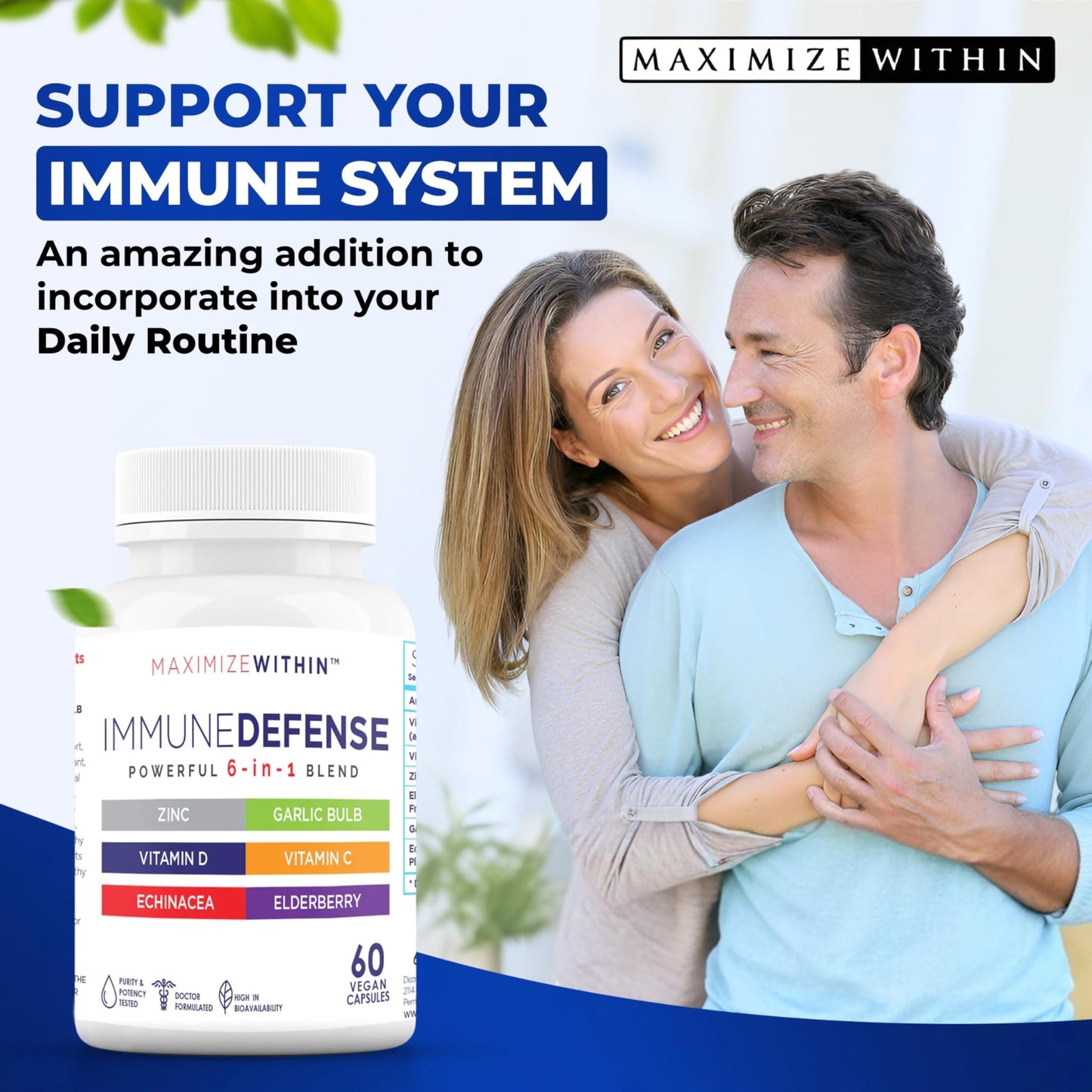 Maximum Slim Powerful 6-in-1 Immune Support Supplement with Zinc, Vitamin C, Elderberry, Vitamin D, Echinacea, & Garlic, 60 Count - dailyvitalstore