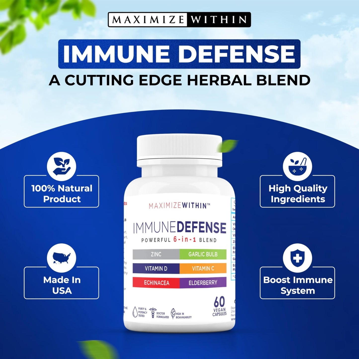 Maximum Slim Powerful 6-in-1 Immune Support Supplement with Zinc, Vitamin C, Elderberry, Vitamin D, Echinacea, & Garlic, 60 Count - dailyvitalstore