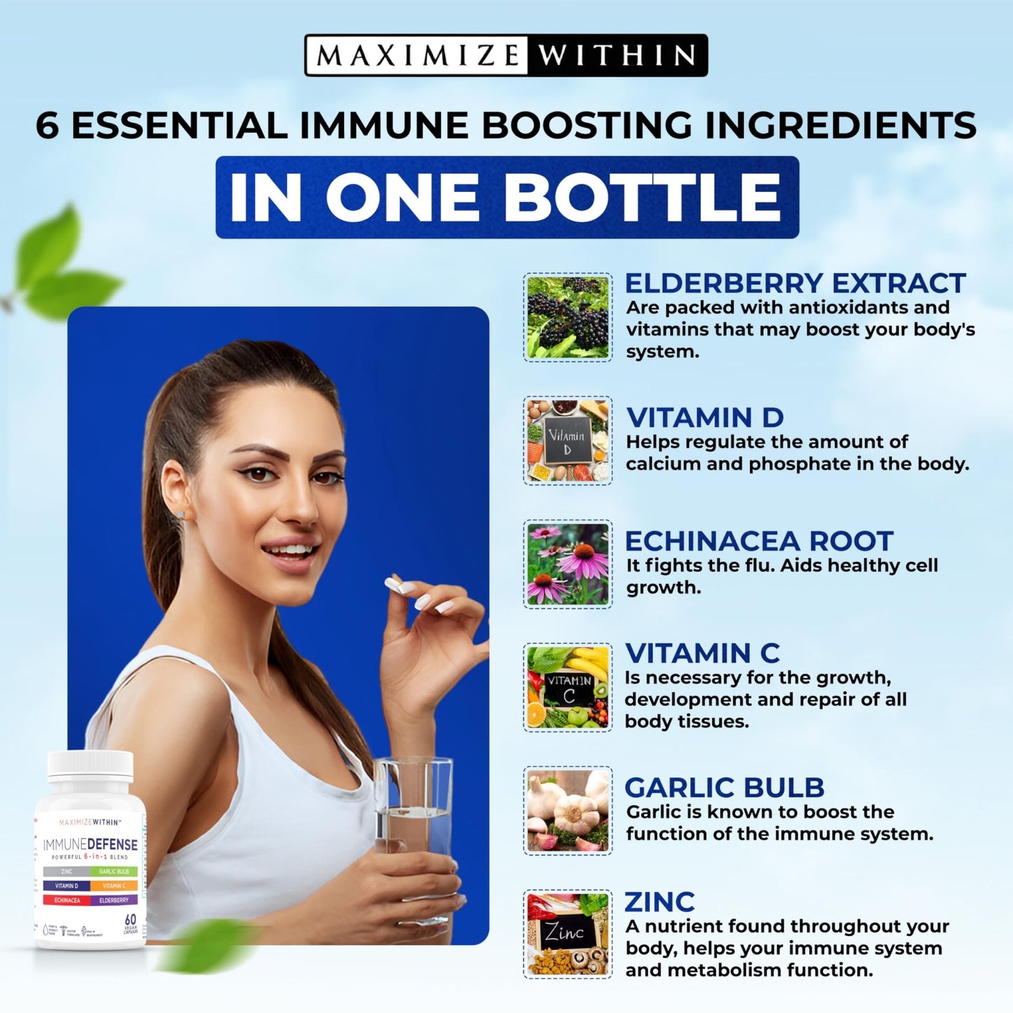Maximum Slim Powerful 6-in-1 Immune Support Supplement with Zinc, Vitamin C, Elderberry, Vitamin D, Echinacea, & Garlic, 60 Count - dailyvitalstore