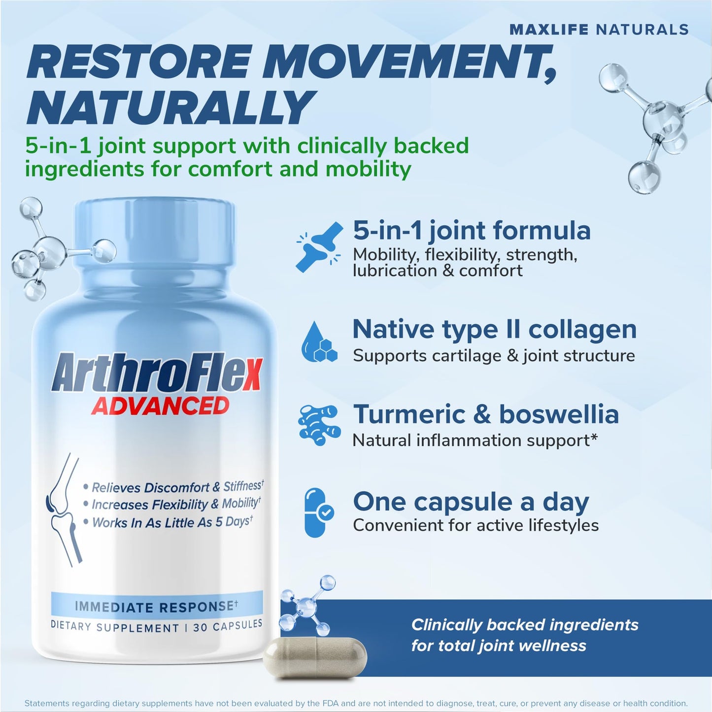 MAXLIFE NATURALS ArthroFlex Advanced Joint Health Supplement – 30 Capsules - Vital Joint Supplements for Women and Men, Type II Collagen Cartilage Supplement, Made in USA Health Care Supplements - dailyvitalstore