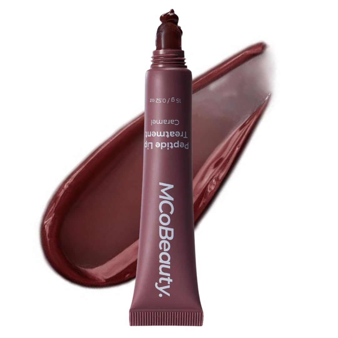 MCoBeauty Peptide Lip Treatment Caramel - Nude Brown Tinted Lip Balm Plumper Gloss for Women - Hydrating Lip Oil with Shea Butter, Peptides for Soft Plump Lips - Vegan Cruelty Free Lip Care - dailyvitalstore