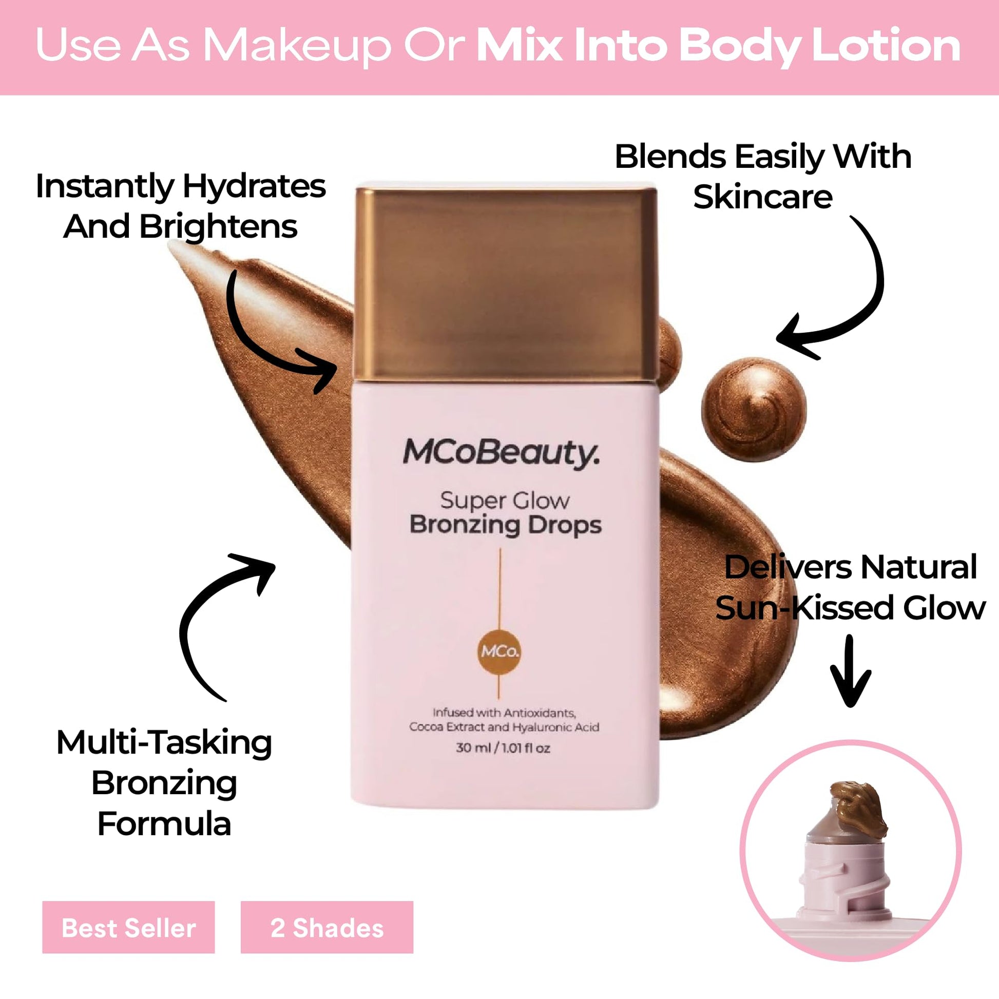 MCoBeauty - Super Glow Bronzing Drops - Effortless Face Tan with Shimmer Formula - Face Care, Bronze Drops - Contains Hyaluronic Acid, White Tea Extract, Cocoa Extract and More - dailyvitalstore