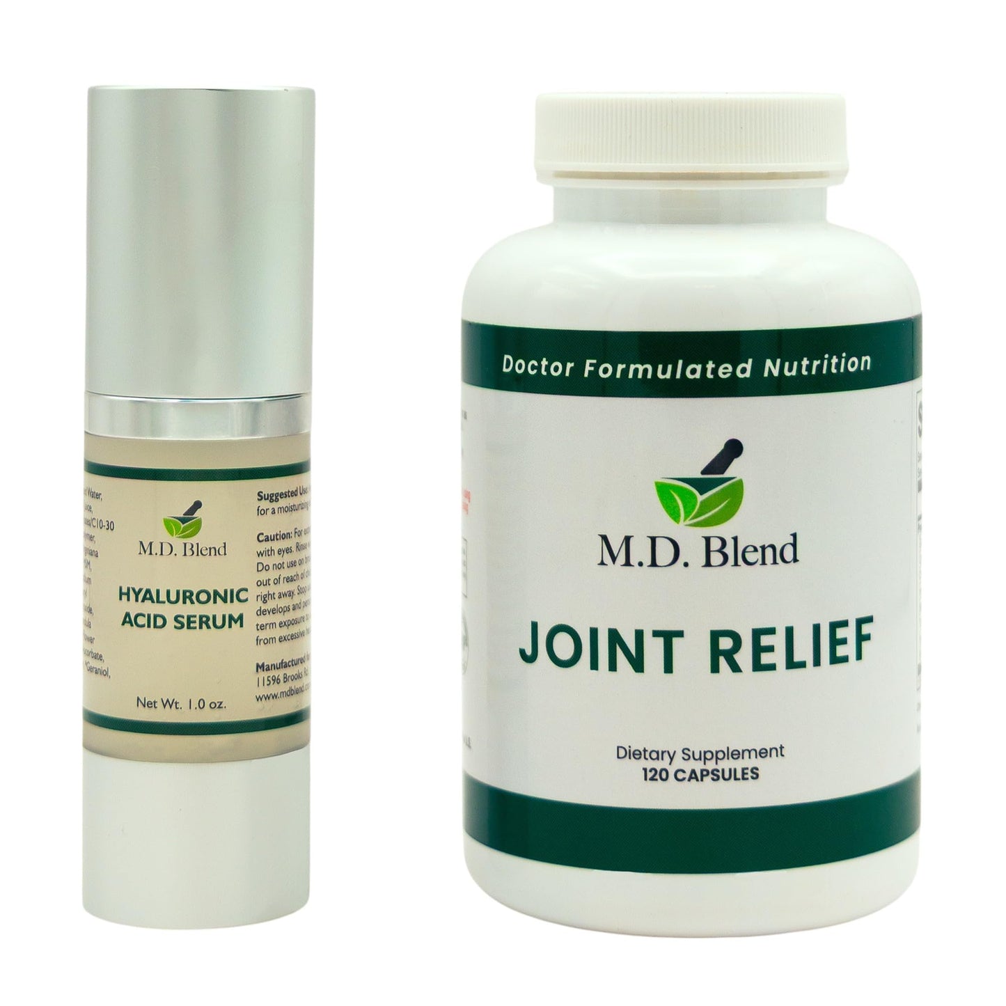 M.D. Blend Wellness Bundle with joint health supplement (120 capsules) & lightweight face hydrating hyaluronic acid serum (30 ml) featuring an airless pump, daily wellness skincare + joint support duo - dailyvitalstore