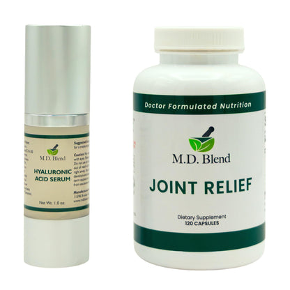 M.D. Blend Wellness Bundle with joint health supplement (120 capsules) & lightweight face hydrating hyaluronic acid serum (30 ml) featuring an airless pump, daily wellness skincare + joint support duo - dailyvitalstore