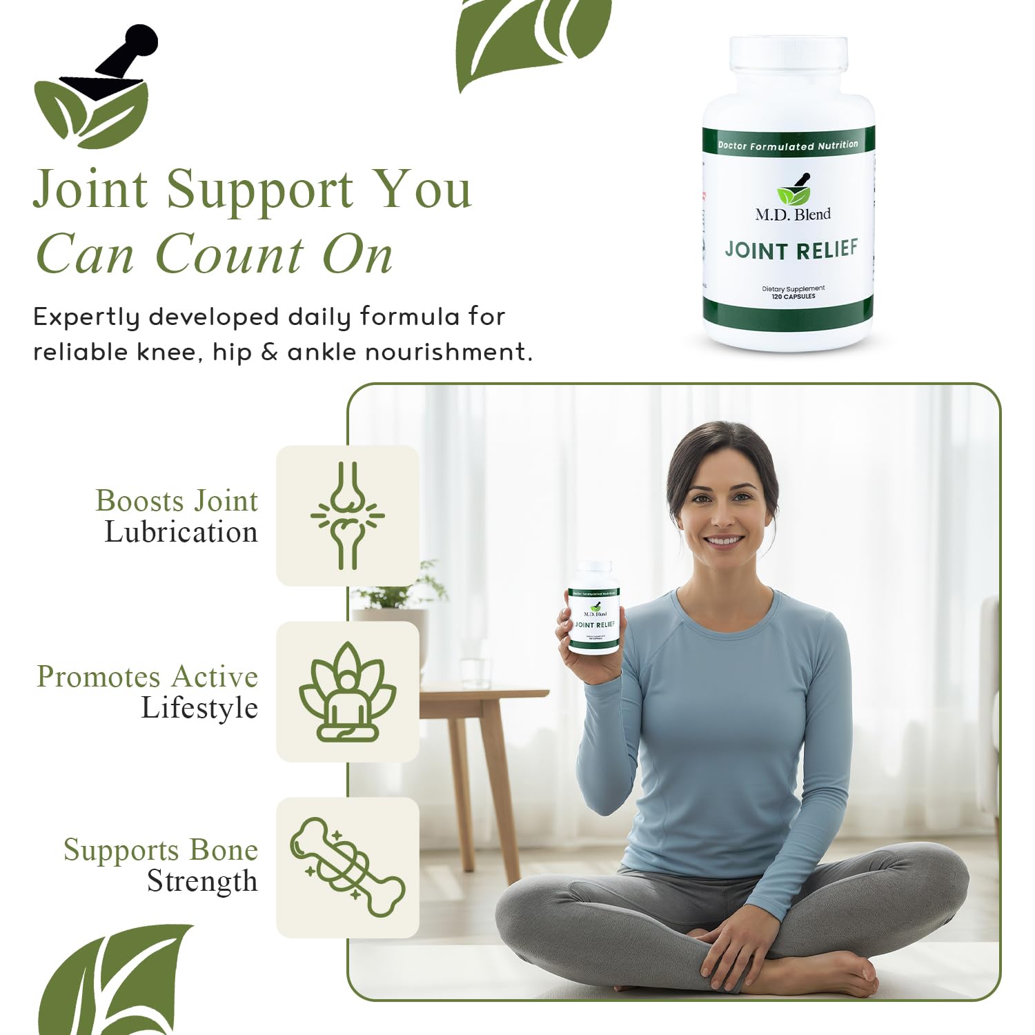 M.D. Joint - Experts Formulated Supplement - Joint Supplements for Women & Men, Knees, HIPS, Ankles, Collagen, Hydrolyzed, Glucosamine Chondroitin MSM, BioPerine, Turmeric - 120 Capsules (Pack of 1) - dailyvitalstore