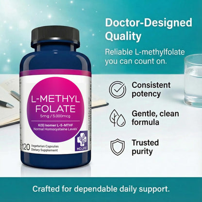 MD Life L-Methylfolate 5 mg Supplement - Professional-Grade Active L Methylfolate Supplement - 120 Capsules - L-Methylfolate 5mg - Maximum Potency MTHFR W/Essential Amino Acids - dailyvitalstore