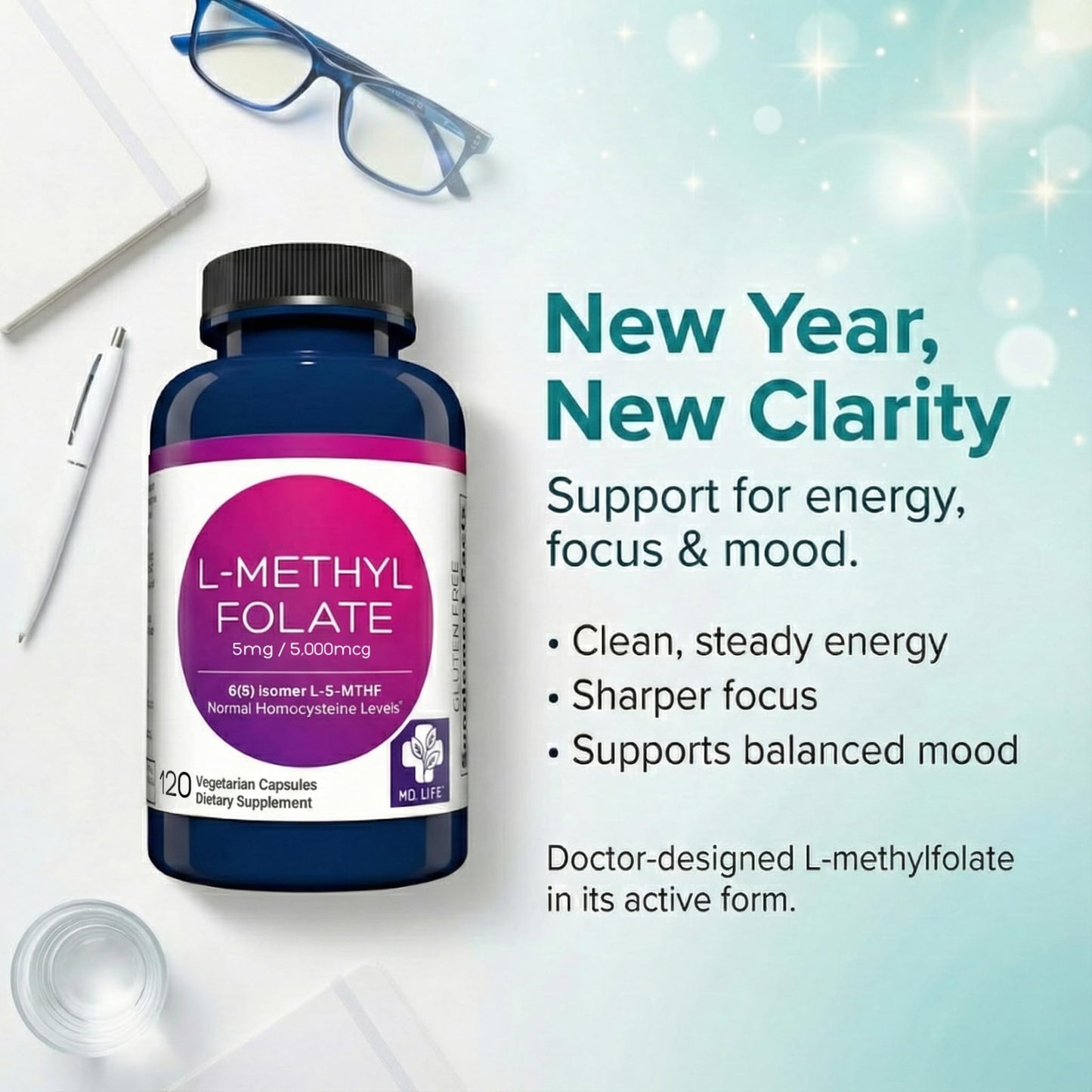 MD Life L-Methylfolate 5 mg Supplement - Professional-Grade Active L Methylfolate Supplement - 120 Capsules - L-Methylfolate 5mg - Maximum Potency MTHFR W/Essential Amino Acids - dailyvitalstore