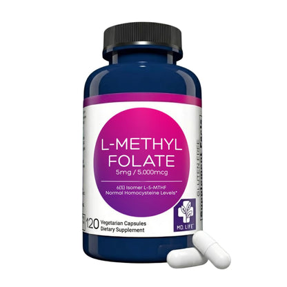 MD Life L-Methylfolate 5 mg Supplement - Professional-Grade Active L Methylfolate Supplement - 120 Capsules - L-Methylfolate 5mg - Maximum Potency MTHFR W/Essential Amino Acids - dailyvitalstore