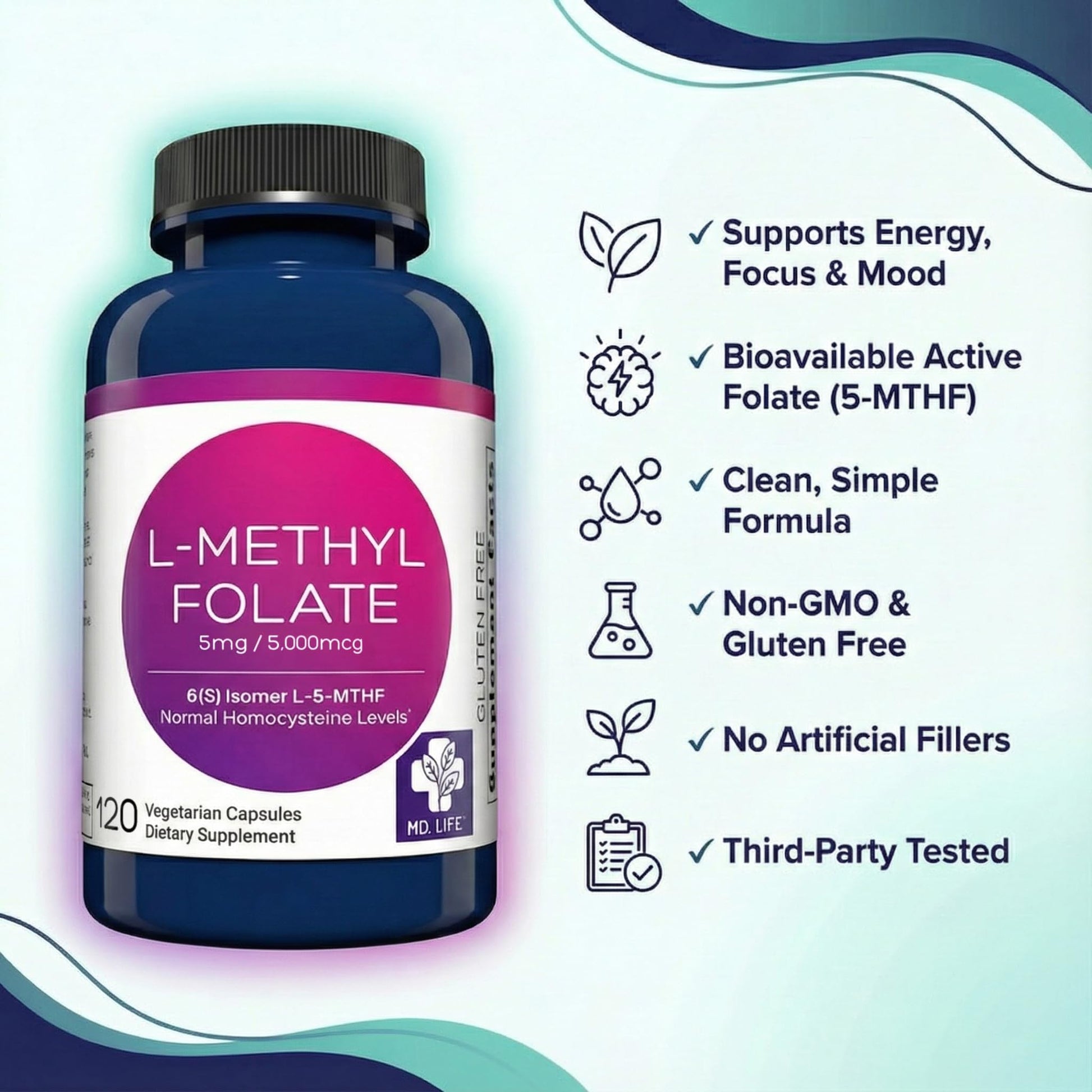 MD Life L-Methylfolate 5 mg Supplement - Professional-Grade Active L Methylfolate Supplement - 120 Capsules - L-Methylfolate 5mg - Maximum Potency MTHFR W/Essential Amino Acids - dailyvitalstore