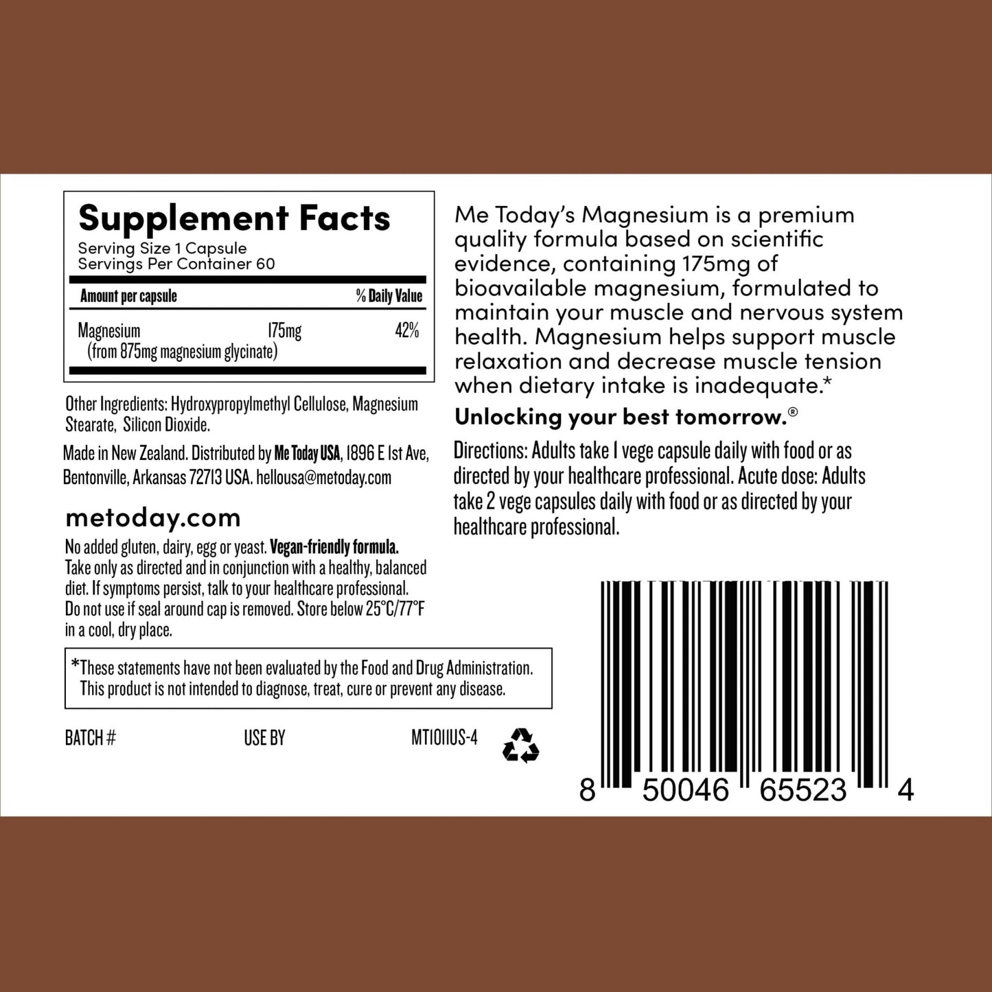 Me Today Magnesium Glycinate Supplement – 175mg High Absorption Magnesium Glycinate Capsule for Muscle Recovery, Nervous System Support, - dailyvitalstore