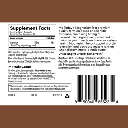 Me Today Magnesium Glycinate Supplement – 175mg High Absorption Magnesium Glycinate Capsule for Muscle Recovery, Nervous System Support, - dailyvitalstore