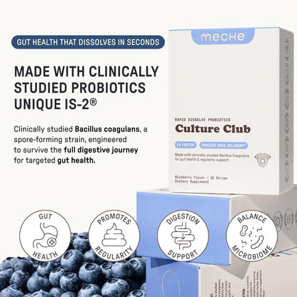 Meche Culture Club Probiotics for Digestive Health and Regularity - 5 Billion CFUs, Probiotics for Women and Men - Gut Health Supplements - Dissolve Strips - dailyvitalstore